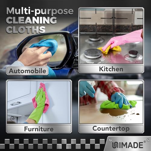 UNIMADE Microfiber Cleaning Cloth, 100PK Commercial Grade Work Rags Microfiber Towels for Cars Cleaning Rags Bulk Detailing Cloth for Automotive Bar Mechanic Restaurant Garage, 11.5"x11.5", Multicolor