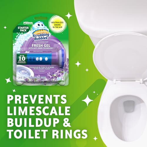 Scrubbing Bubbles Fresh Gel Toilet Bowl Cleaning Stamps, Helps Keep Toilet Clean and Helps Prevent Limescale & Rings, Lavender Scent, 1 Dispenser with 6 Fresh Gel Stamps
