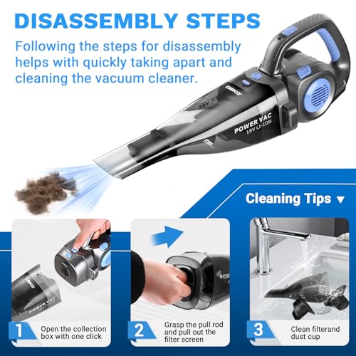 DEKOPRO 22V Upgraded Handheld Vacuum – Cordless & Rechargeable Car Vacuum Cleaner with LED Light, Strong Suction Mini Vacuum for Pet Hair & Dust, Includes Multi Nozzles for Wet/Dry Cleaning