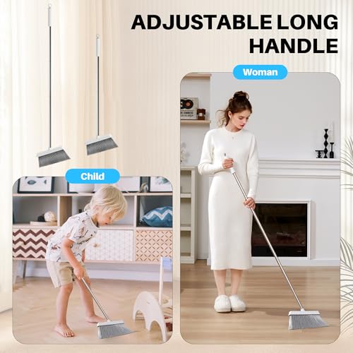 JOYMOOP White Broom and Dustpan Set, Upright Angle Design with Built-in Comb Teeth for Kitchen, Office, Pet Hair, Hard Floors