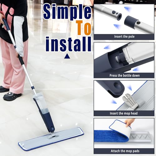 24" Dry mops for Floor Cleaning, Microfiber mop Spray System, Commercial Heavy-Duty Wet mops with 28oz Big Tank, 2 Washable Pads (Commercial Blue, 24inch-1Pack)