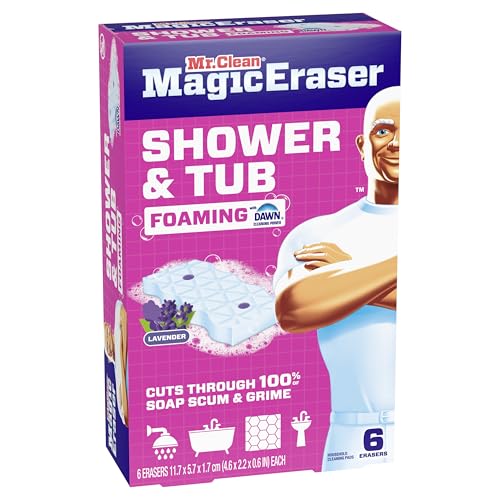 Mr. Clean Magic Eraser Sponge, Bathroom, Shower, Tub Cleaner, Soap Scum Remover, Bathroom Cleaning Supplies, Dawn Cleaning Power with Lavender Scent, Shower & Tub, 6ct