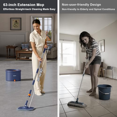 HoMettler Spin Mop and Bucket Set, Mop Bucket with Separate Dirty Water System, Deep-Cleaning Mops for Floors/Wall, Versatile Mops with 4 Microfiber Mop Pads