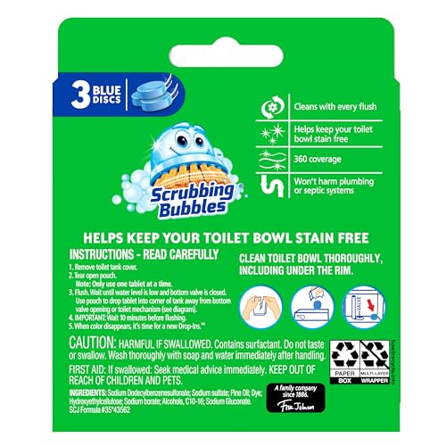 Scrubbing Bubbles Continuous Clean Toilet Drop-Ins, Automatic Blue Toilet Bowl Cleaner, Septic-Safe Tank Tablets Remove Hard Water Minerals & Limescale, Stain & Smell Protection, 3 Count (Pack of 6)