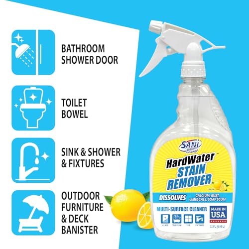 SANI 360° Hard Water Stain Cleaner (32 oz) 60 second multi-surface sealant and cleaner. Reduces buildup, calcium, limescale, rust, and soap scum. Lemon scent MADE IN USA