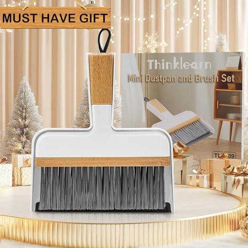 ThinkLearn Mini Dustpan and Brush Set, Bamboo Handle with Rubber Lip