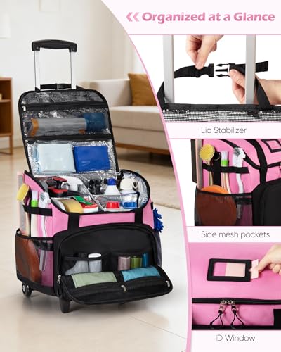 Marscamd Large Rolling Cleaning Caddy Bag with Detachable Trolley, Cleaning Supplies Organizer with Wheels for Housekeepers, Pink