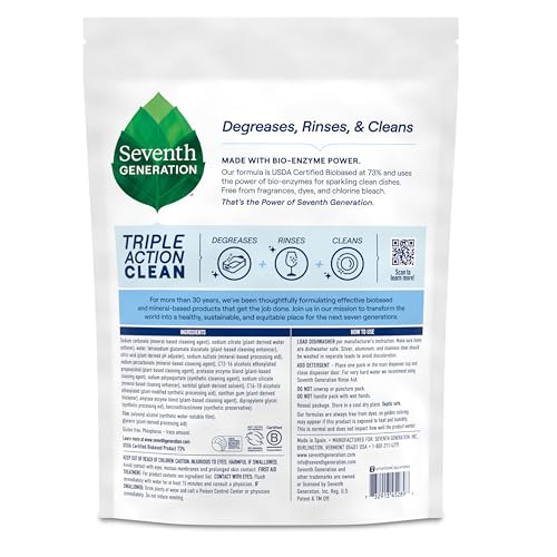 Seventh Generation Triple Action Clean Automatic Dishwasher Detergent Packs with Bio-Enzyme Power, Free & Clear, Fights 48-hour Stuck-on Food, 54 count