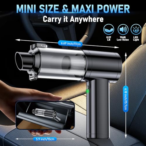 MZHSMZHR Car Vacuum Portable Cordless, 35000Pa High Power Brushless Motor Handheld Vacuum, 6-in-1 Rechargeable Mini Cleaner with Air Duster for Car, Home, Pet Hair, Keyboard, Graphite Grey