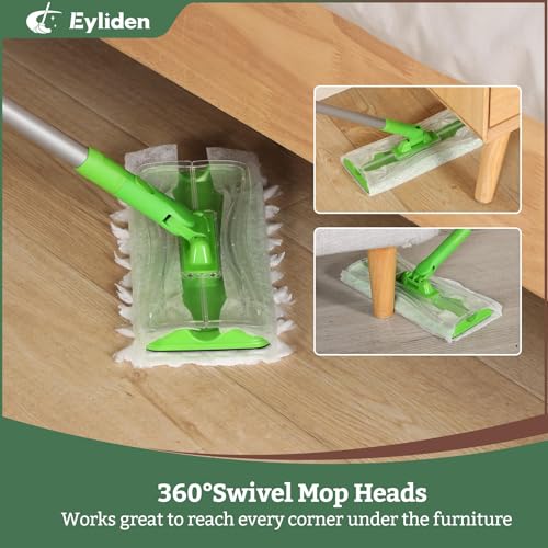 Eyliden Sweeper Mop with 36 Refills - 3 Types of Disposable Dry & Wet Cloths | Lock-Tight Design No Lost Pads, Universal Refills, Multi-Surface Sweeping Starter Kit for Pet Hair, Dust, Floor Cleaning
