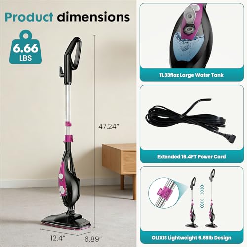 DUMOS 10-in-1 Multifunctional Steam Mop, 1550W Detachable Handheld Steam Cleaner, 16FT Power Cord with 2 Reusable Pads, Floor Steamer for Hardwood, Tile, Carpet, Grout, Windows