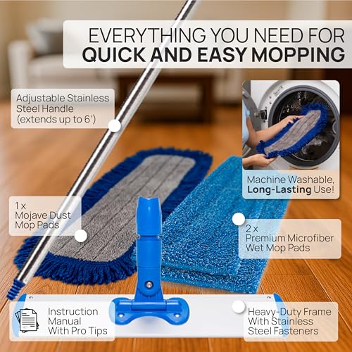 18” Pro Microfiber Hardwood Floor Mop - Cleans Floor in Seconds | Dust & Wet Mopping | Hardwood, Tile, Laminate & Vinyl with 3 Washable Pads, No Buckets Needed with Deluxe Household Mop