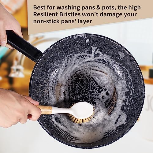 Kitchen Dish & Cast Iron Brush with Scraper, [2 Pack] Skillet Scrub Cleaner with Handle, Kitchen Cleaning Scrubber for Dishes, Pots, Cast Iron Skillet, Non-Stick Frying Pans, Sinks and House Cleaning