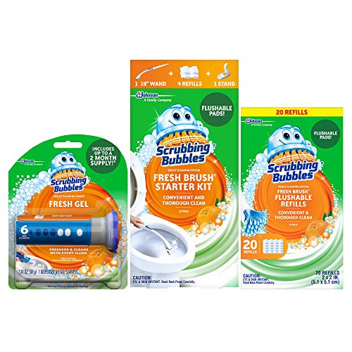 Scrubbing Bubbles Fresh Brush Toilet Bowl Brush and Holder with Toilet Cleaner Refill Pads & Gel Stamps, Cleans Limescale & Fights Odors, Citrus Scent, Includes Starter Kit + 20 Refills + 6 Gel Stamps