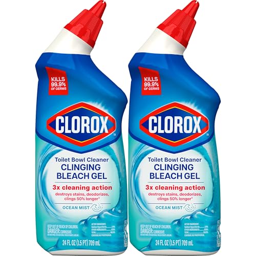 Clorox Toilet Bowl Cleaner Clinging Bleach Gel, Kills 99.9% of Bacteria and Viruses, Ocean Mist, 24 Fl Oz, Pack of 2