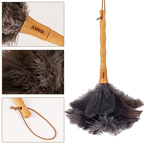 Aldwin Ostrich Feather Duster, 16 inch Ostrich Feather Duster with Wood Handle Reusable, Fluffy Natural Genuine Handheld Feather Duster for Cleaning Supplies, Home, Car, Office