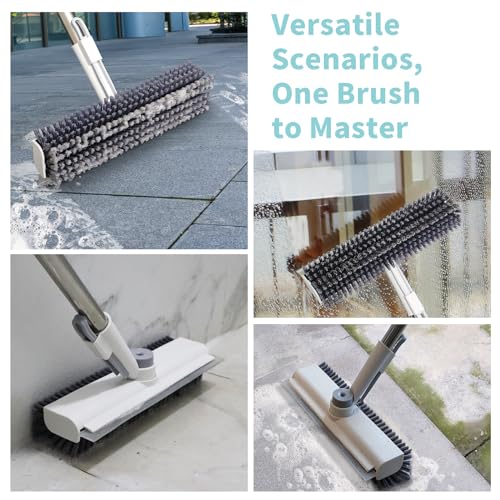 Floor Scrub Brush with Long Handle, 3 in 1 Scrape and Heavy-Duty Stiff Bristle Scrubber Brush Broom for Cleaning Shower Bathroom, Patio, Pool, Garage, Kitchen, Wall and Deck (White, 1 Pack)
