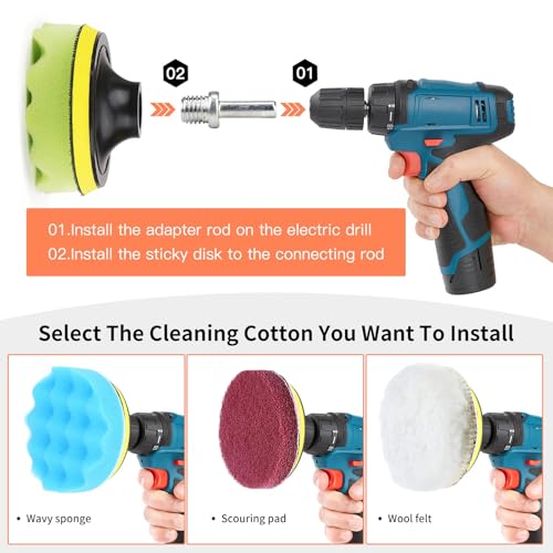TOWBRUS 32 Pack Drill Brush Attachments Set Scrub Pads Sponge Buffing Pads Crevice Cleaning Brush for Home Bathroom Car Kitchen Corners Sink Stubborn Stains Tiles Car Polishing Kit