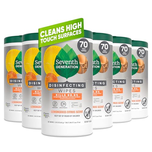 Seventh Generation Disinfecting Wipes, Lemongrass Citrus, 70 Count, 6 Pack, Botanical Multi-Surface Cleaner Kills 99.9% Germs, No Bleach, Plant-Based Formula for Home, Kitchen, Bathroom, Car Interior