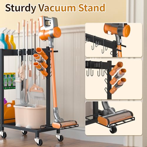 Broom Holder with Cleaning Supplies Organizer Load 350 LBS Cleaning Cart with Wheels Broom Closet Storage with 3-Tier Shelves, 6 Mop Hanger Grippers, 3 Double-Hooks, Vacuum Stand for Laundry Garage