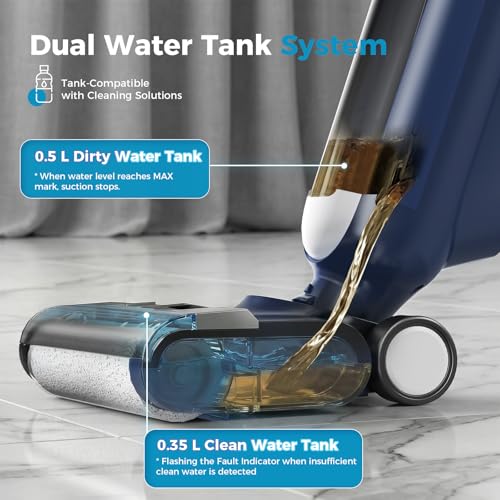 DUMOS Wet Dry Vacuum Mop, Cordless All-in-One Floor Cleaner with Auto Self-Cleaning, Dual-Edge Cleaning, Tangle-Free Brush & Dual Water Tank Design, 35-Min Runtime for Hard Sticky Messes & Pet Hair