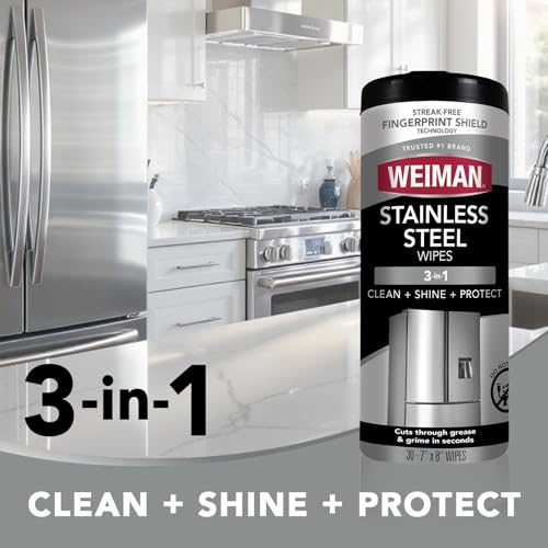 Weiman Stainless Steel Cleaner, 30 Count Wipes, Anti-Fingerprint, Removes Grease, Water Spots, Streaks & Residue, Polishing Cleaner Safe for Appliances, Chrome, Sinks & Grill Exteriors
