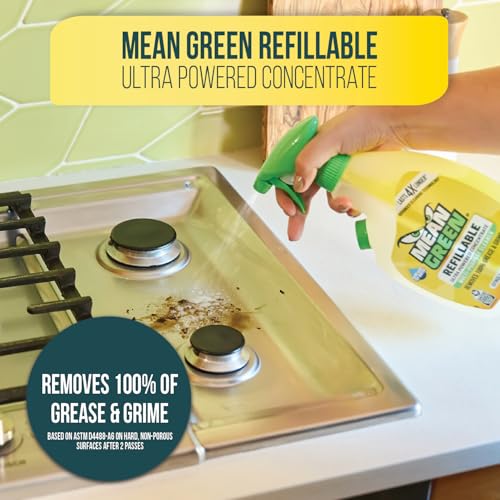 Mean Green Refillable Ultra Powered Multi-Purpose Cleaner Concentrate, Citrus & Green Tea, 14.3 fl oz – Plant & Mineral Based, Cuts Through Grease & Grime, Refillable Bottle Makes 4X Refills