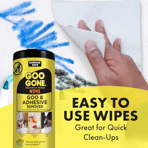 Goo Gone Clean Up Wipes Adhesive Remover - 24 Count - Removes Adhesive Residue Labels Stickers Crayon Tree Sap Gum Masking Tape Glue and More