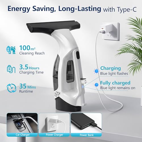 ZRHI Window Vacuum Squeegee Cordless with Extendable Pole 31-40", 2000Pa Electric Window Cleaner with 2200mAh and 150ml Dirty Water Tank, Long Handle Shower Squeegee for Glass Door, Windows (White)