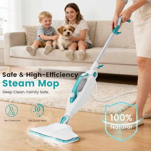 10-in-1 Steam Mop, 1550W Detachable Handheld Steam Cleaner with 350ML Tank for Floor Cleaning, 16FT Power Cable, 2 Washable Pads, Multi-Purpose Steamer for Hardwood, Carpet, Tile, Windows,Cyan