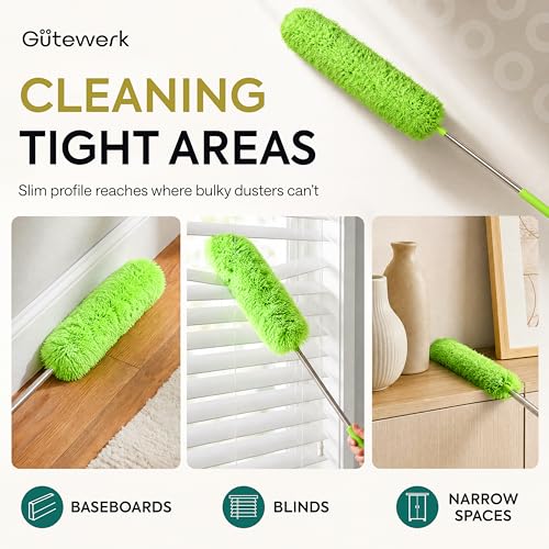 Gütewerk Extendable Microfiber Duster, 55 Inch - Feather Dusters for Cleaning Ceiling Fans, Blinds, Baseboards & High Ceilings - Washable, Electrostatic, 360° Bendable Head, Stainless Steel Pole