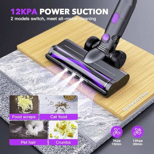 Cordless Vacuum Cleaner, 6 in 1 Lightweight Stick Vacuum with Rechargeable Battery, Handheld Conversion, LED Headlights & 180° Swivel Brush, for Hardwood Floor Carpet Pet Hair Stairs Car(Light Purple)