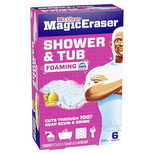 Mr. Clean Magic Eraser Sponge, Bathroom, Shower, Tub Cleaner, Soap Scum Remover, Bathroom Cleaning Supplies, Dawn Cleaning Power with Lemon Scent, Shower & Tub, 6ct