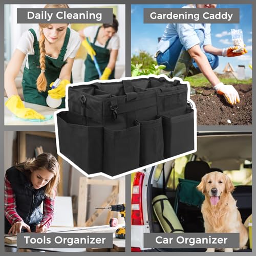 SCAVATA Wearable Cleaning Caddy Organizer with Handle & Shoulder Straps for Housekeepers, Under Sink & Car Cleaning Tool Organizer Bag with 4 Foldable Dividers (Black)