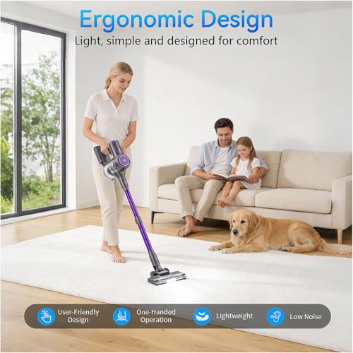 BlueEpic Cordless Vacuum Cleaner, 40KPA 45Mins Rechargeable Vacuum Cordless, Stick Vacuum with 2 Adjustable Modes, Handheld Vacuum for Home/Pet Hair/Carpet/Floor (Purple)
