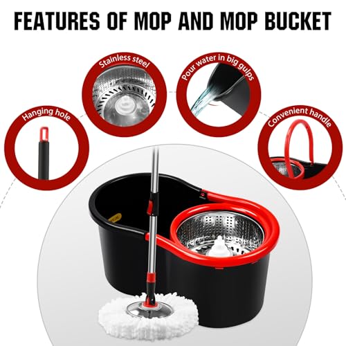 Spin Mop and Bucket with Wringer Set, 360° Spinning Mop Bucket System with 3 Microfiber Mop Replacement Heads and 51" Stainless Steel Adjustable Handle for Floor Cleaning (15QT)