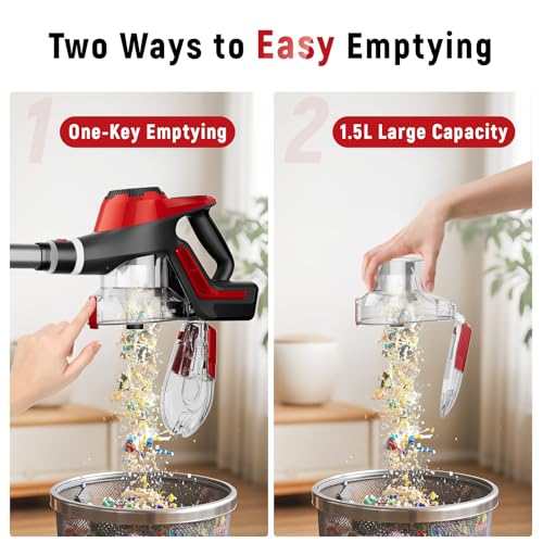Cordless Vacuum Cleaner for Home, Stick Vacuum 45Kpa, Smart Display & 1.5L Dust Cup, MAX 40mins Runtime, Rechargeable Lightweight Handheld Vavuum for Pet Hair/Carpet/Hardwood Floor/Car (Crimson)