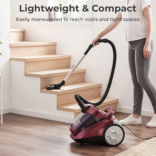 EDLOENS Canister Vacuum Cleaner, 45Kpa 1600W Bagless Canister Vacuum, 4Qt Large Dust Cup, Variable Speed Control, 5 Tools, Lightweight Canister Vacuum for Home, Pet, Carpet, Hard Floor, Red