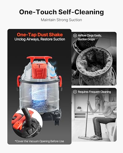 VEVOR Shop Vac, 5.8 Gallon Wet Dry Shop Vacuum, 4 Peak HP with One-Button Self-Cleaning, Dual-Filter, 900W Input Power, 1.25in x 7ft Hose, 9.8ft Cord, Metal Tank for Jobsite, Workshop, Garage, Home