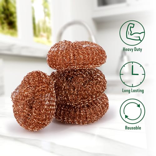 Pine-Sol Heavy-Duty Copper Coated Scrubbers - Premium Scrub Sponges for Cast Iron Pans, Stainless Steel Cookware, Oven Racks, and Grills, 4 Pack