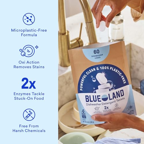 BLUELAND 100% Plastic-Free Dishwasher Detergent Tablets, 60 Count, Free & Clear, Eco-Friendly Dishwashing Pods, Cuts Grease & Stuck on Food, Rinses Clean for Streak-Free Shine