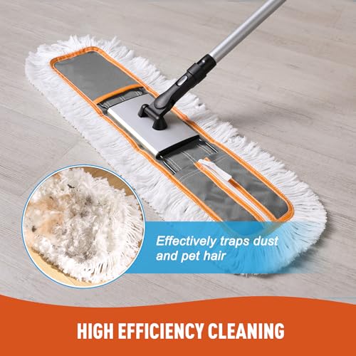 CLEANHOME 24" Commercial Dust Mop for Floor Cleaning, Heavy Duty Sweeper Broom with 2 Microfiber Mop Pads, Wet and Dry Duster Sweeper Broom for Marble, Laminate, Hardwood Floor Cleaning ,Grey