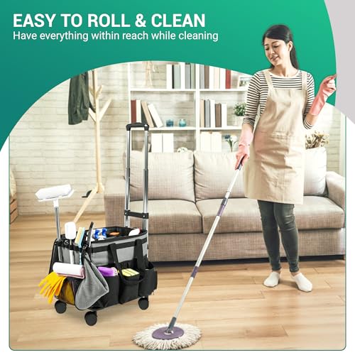 THKW Large Rolling Cleaning Caddy Bag w/Detachable Trolley & Lid - Portable Cleaning Cart on Wheels w/Shoulder Strap & Waist Pouch - Cleaning Supplies & Tool Organizer for Home, Office, Car (Gray)
