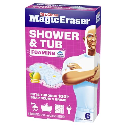 Mr. Clean Magic Eraser Sponge, Bathroom, Shower, Tub Cleaner, Soap Scum Remover, Bathroom Cleaning Supplies, Dawn Cleaning Power with Lemon Scent, Shower & Tub, 6ct