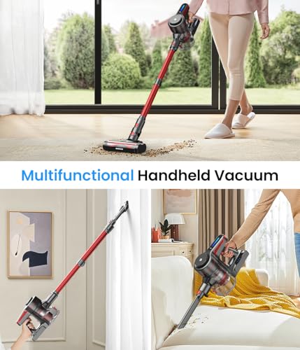 CHEBIO Lightweight Cordless Vacuum Cleaners for Home, Stick Vacuum Cordless Rechargeable with 45kPa Suction,45-Min Run,Anti-Tangle and Self-Stand, 6 in 1 Hardwood Vacuum Cleaner (red)