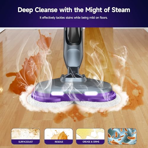 BOJUK Scrub & Steam Mop with Rotating Mop Pads, LED Headlights, 6 Scrub Pads, Large Tank, Swivel Steering, Effortless Scrubbing Hard Floor Cleaner Upgraded