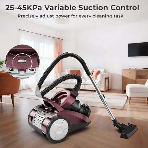 EDLOENS Canister Vacuum Cleaner, 45Kpa 1600W Bagless Canister Vacuum, 4Qt Large Dust Cup, Variable Speed Control, 5 Tools, Lightweight Canister Vacuum for Home, Pet, Carpet, Hard Floor, Red