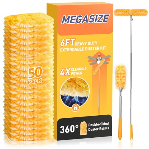 6 ft Heavy Duty Extendable Duster Handle with 50 Refills for Swiffer Duster, 360° Multi-Surface Dusters with 4X Cleaning Power for Home, Ceiling Fans, Windows, Dusting Hard-to-Reach Areas (Orange)