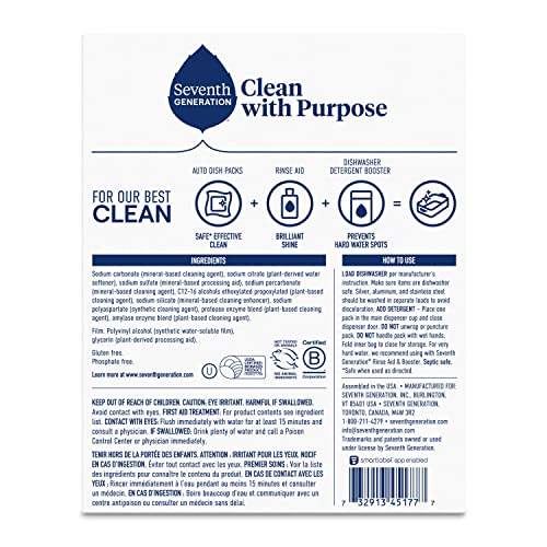 Seventh Generation Dishwasher Detergent Packs, Free & Clear, 45 Count, Pack of 2, Plant Powered Cleaning, Fights Greasy Reside & Stuck-On Food For Sparkling Dishes, Fragrance-Free & Septic Safe