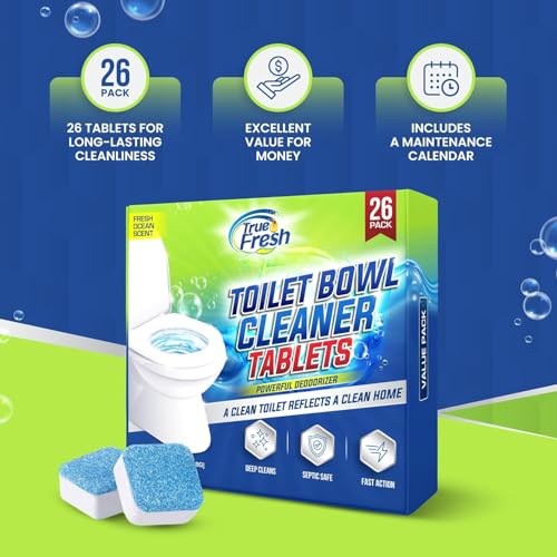 True Fresh Toilet Bowl Cleaner Tablets 26 Pack Deodorizer & Septic Safe Deep Cleaning, Odor Eliminator, Stain Remover for Long-Lasting Freshness Fresh Ocean Scent